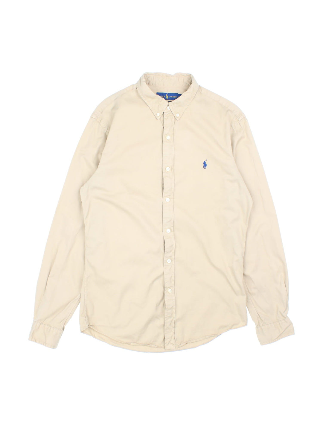 Ralph Lauren button-down shirt in tan with a small embroidered logo in navy blue.