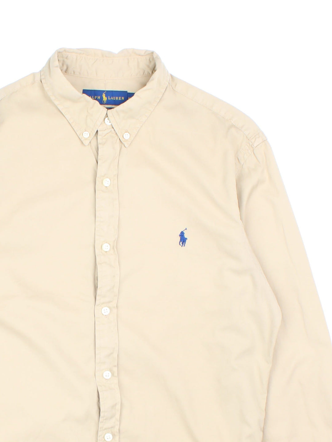 Ralph Lauren button-down shirt in tan with a small embroidered logo in navy blue.