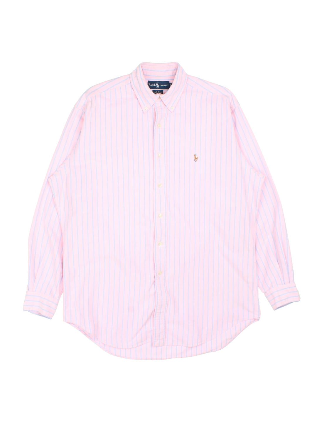 Ralph Lauren Shirt in a pink colourway with blue stripe, button up and has the logo embroidered on the front.