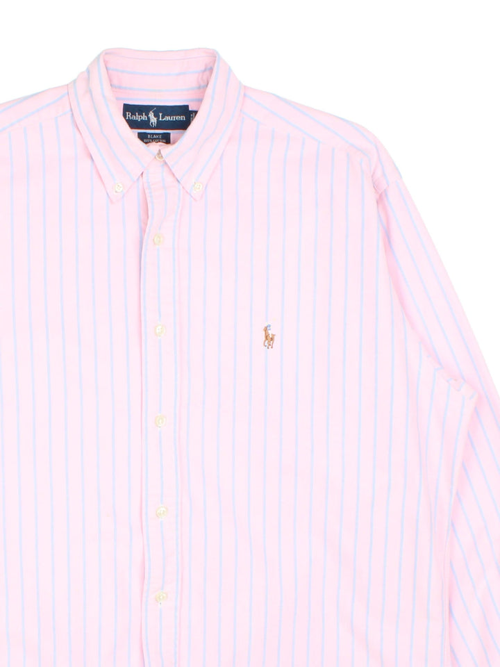 Ralph Lauren Shirt in a pink colourway with blue stripe, button up and has the logo embroidered on the front.