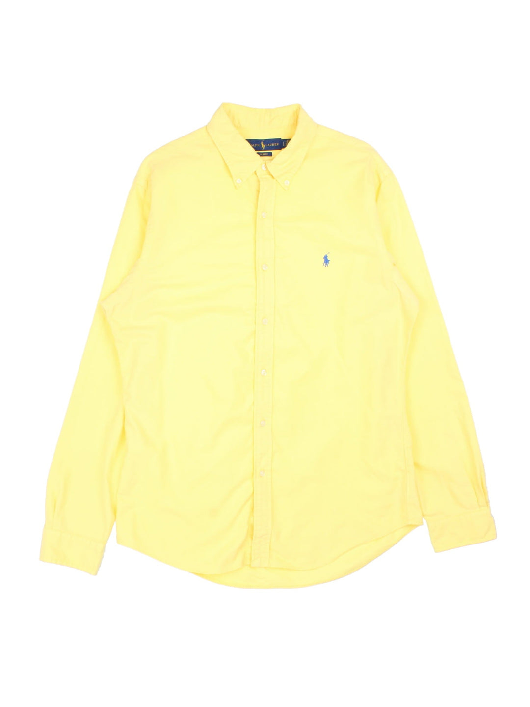 Ralph Lauren Shirt in a yellow colourway, button up with a blue logo embroidered on the front.