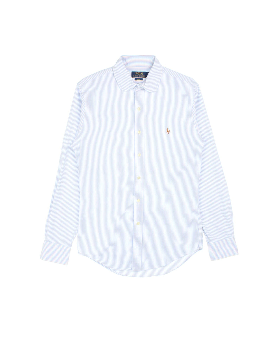 Ralph Lauren Shirt in a blue colourway with white stripes, button up with the contrast logo embroidered on the front.