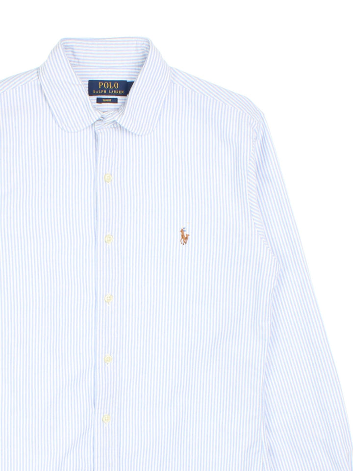 Ralph Lauren Shirt in a blue colourway with white stripes, button up with the contrast logo embroidered on the front.