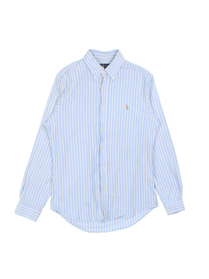 Ralph Lauren Shirt in a blue colourway with white stripe, button up with the contrast logo embroidered on the front.