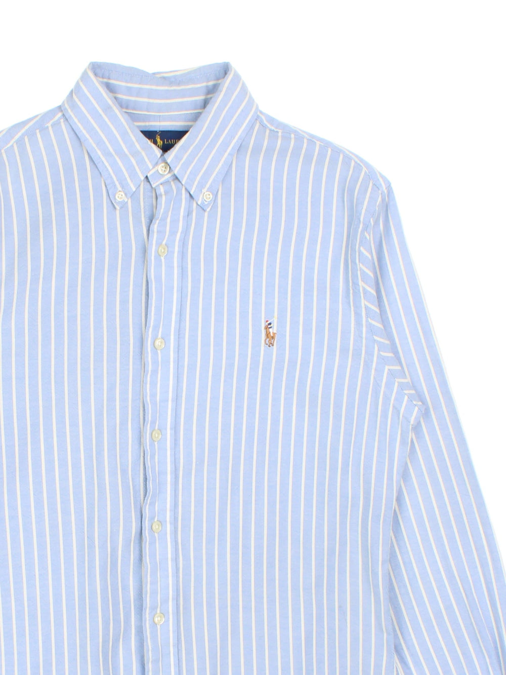 Ralph Lauren Shirt in a blue colourway with white stripe, button up with the contrast logo embroidered on the front.