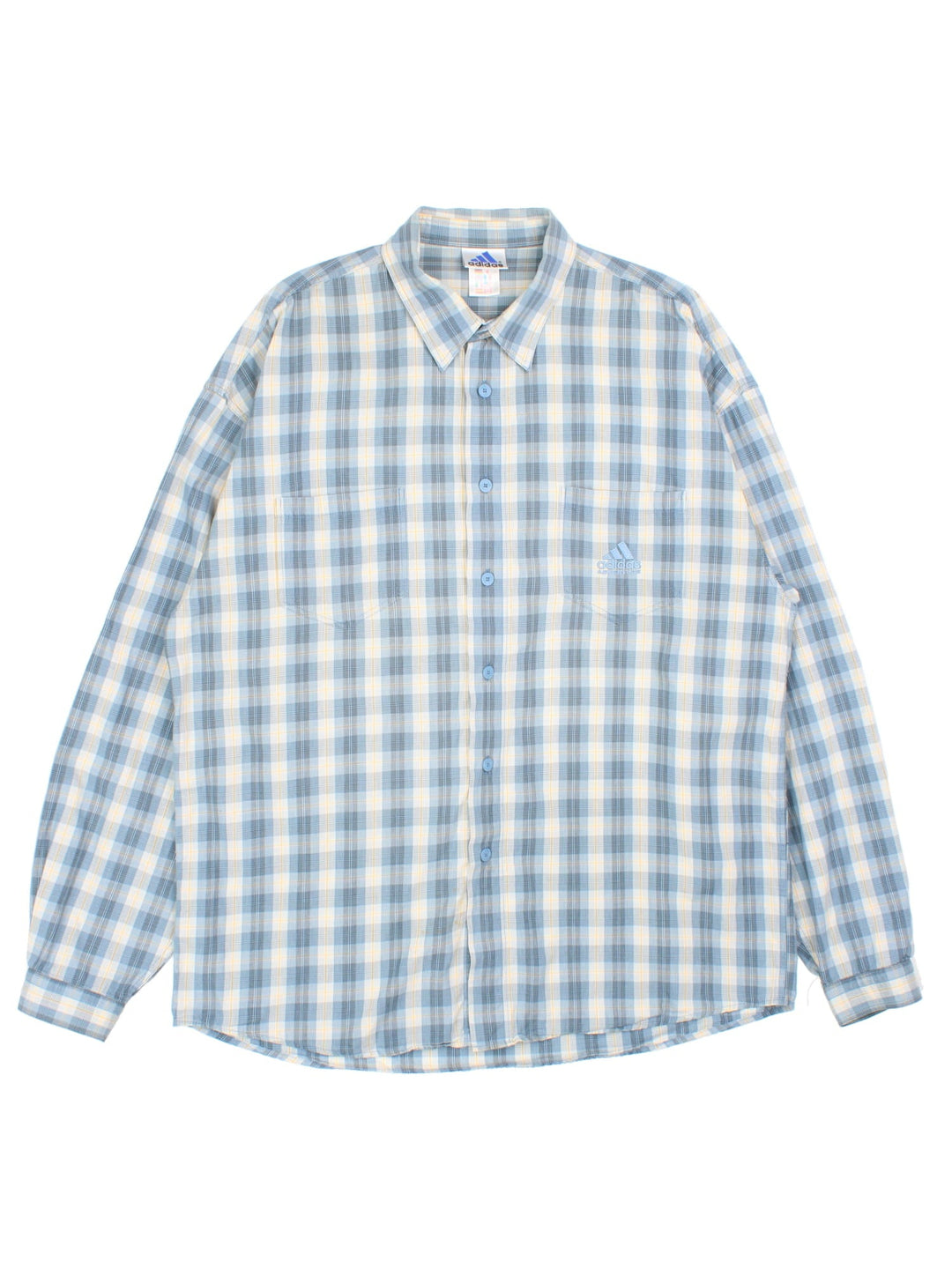 Adidas Shirt in a blue and white checked colourway, button up with the contrast logo embroidered on the front.