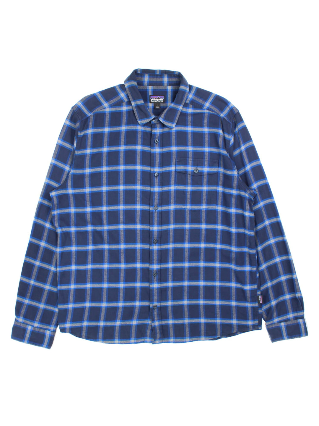 Patagonia Shirt in a blue checked colourway, button up with the logo embroidered on the front.