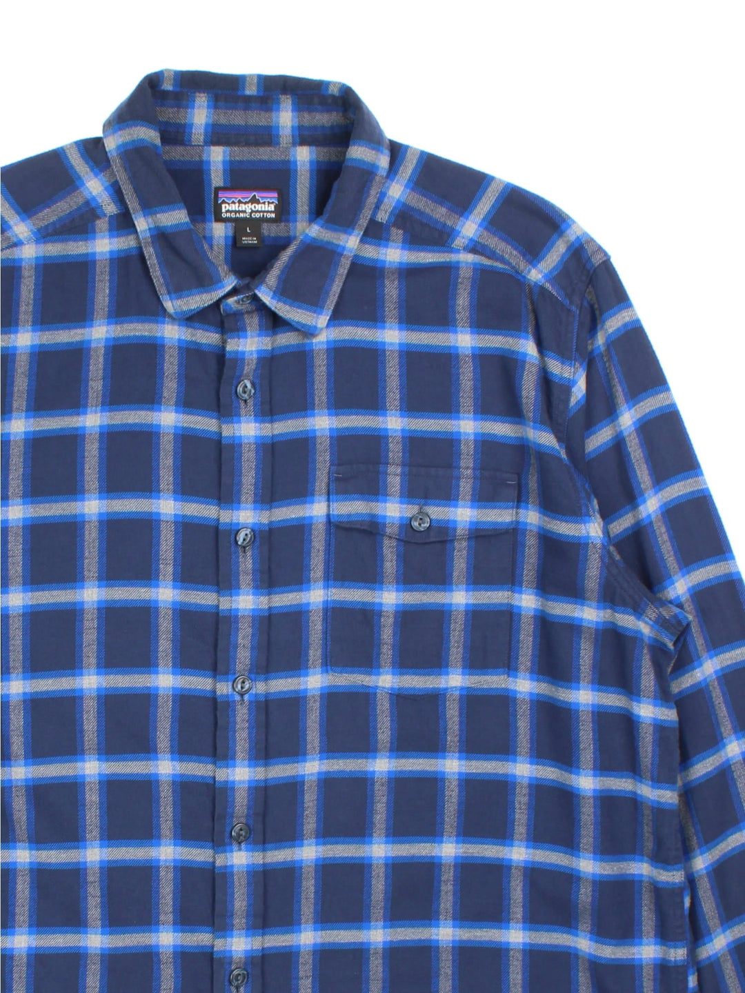 Patagonia Shirt in a blue checked colourway, button up with the logo embroidered on the front.