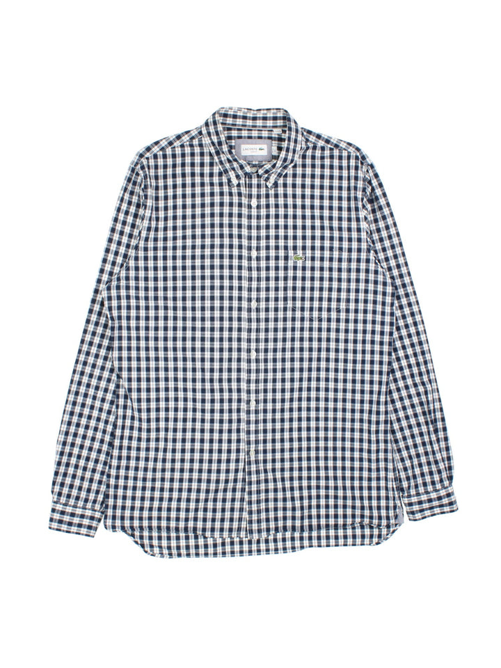 Lacoste Shirt in a blue checked colourway, button up with the logo embroidered on the front.