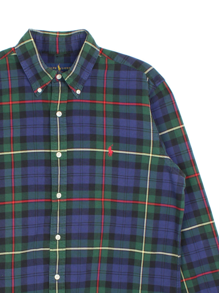 Ralph Lauren Shirt in a blue checked colourway, button up with the contrast logo embroidered on the front.