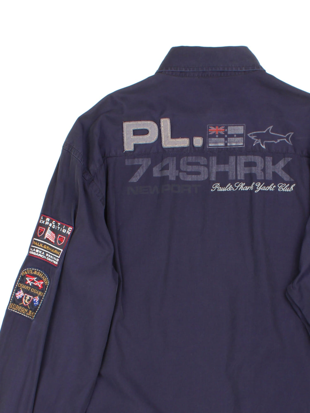 Paul & Shark Yatch Sailing Shirt in a blue colourway, button up with the contrast logos and badges embroidered on the front/back and sleeve.