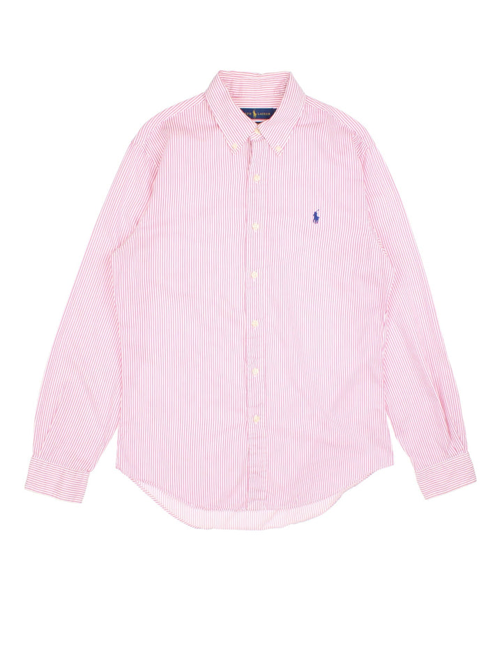 Ralph Lauren Shirt in a pink and white striped colourway. The Ralph Lauren logo is embroidered on the front.