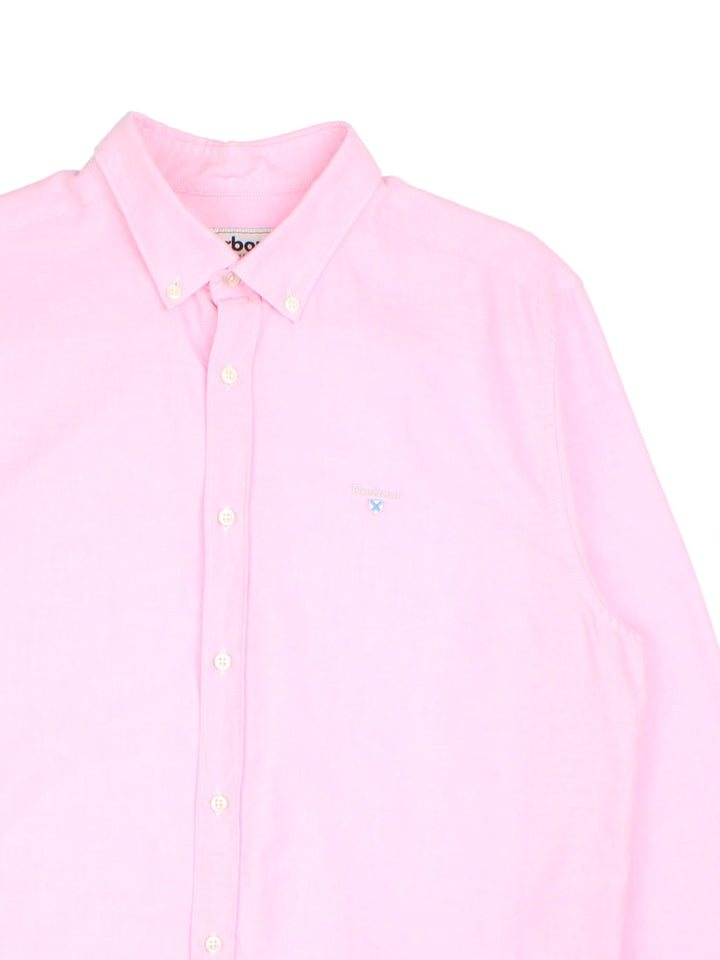 Barbour long sleeve shirt in a pink colourway with the logo embroidered on the front.