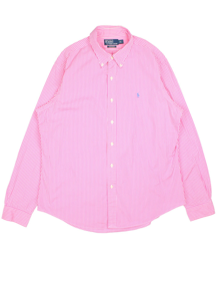 Vintage Ralph Lauren Shirt in a pink and white striped colourway with the logo embroidered on the front.