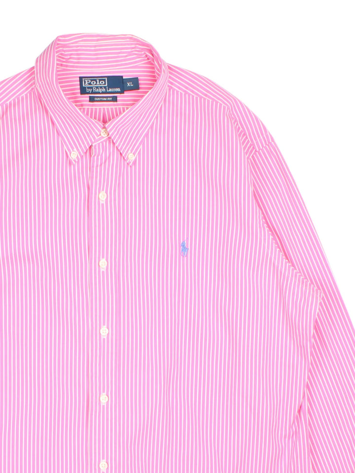 Vintage Ralph Lauren Shirt in a pink and white striped colourway with the logo embroidered on the front.