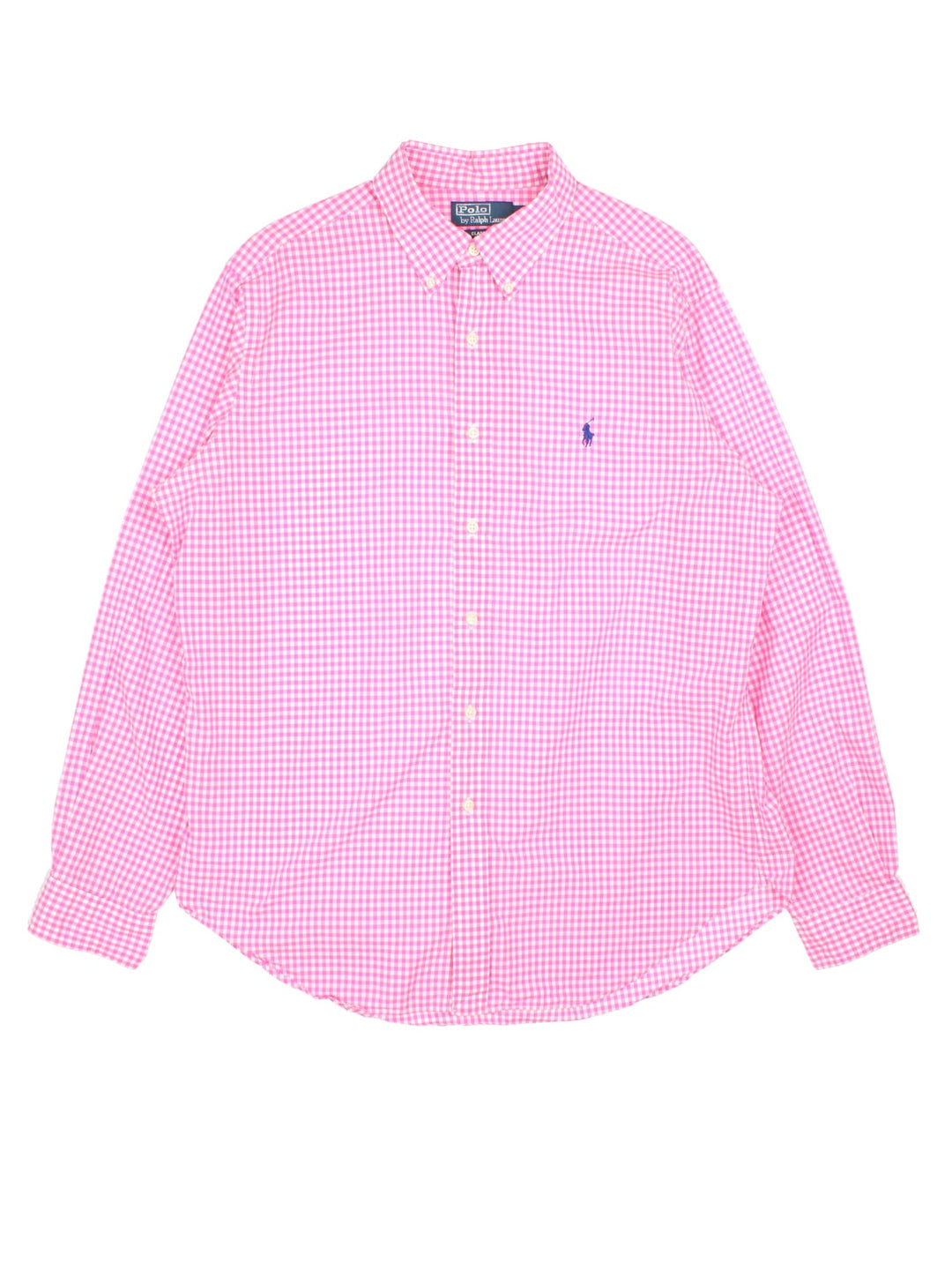 Ralph Lauren gingham shirt in a pink and white colourway with the logo embroidered on the front.