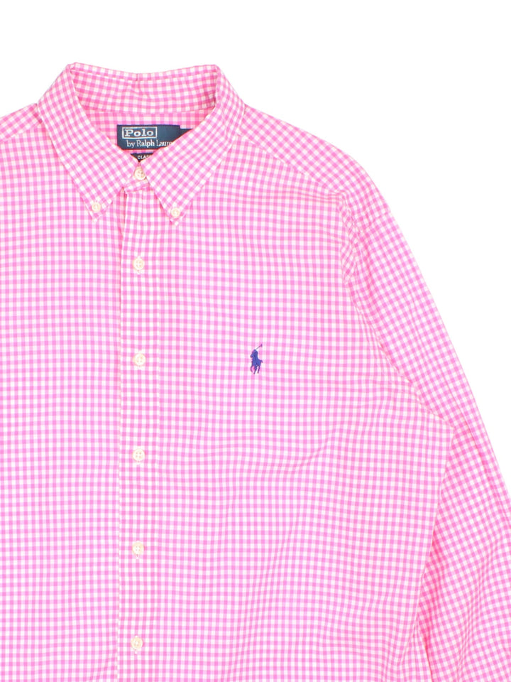 Ralph Lauren gingham shirt in a pink and white colourway with the logo embroidered on the front.