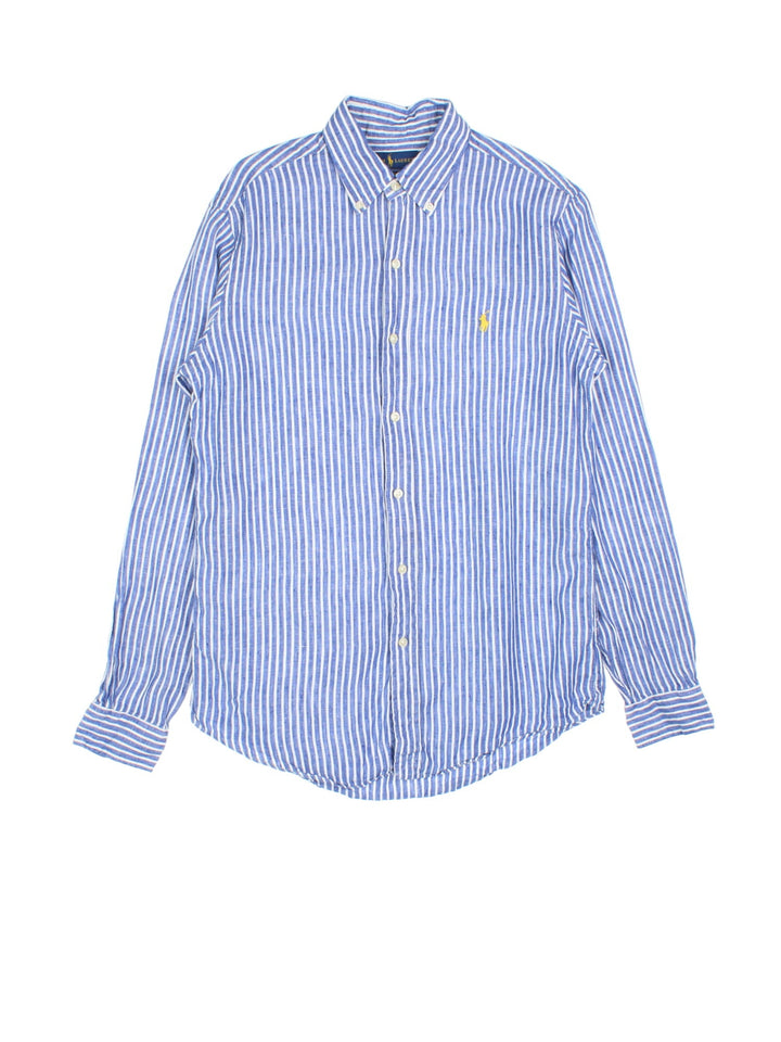 Vintage Ralph Lauren linen striped shirt in a blue and white colourway with the logo embroidered on the front.