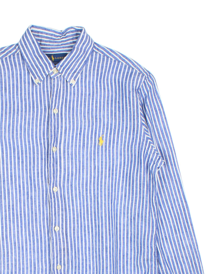 Vintage Ralph Lauren linen striped shirt in a blue and white colourway with the logo embroidered on the front.