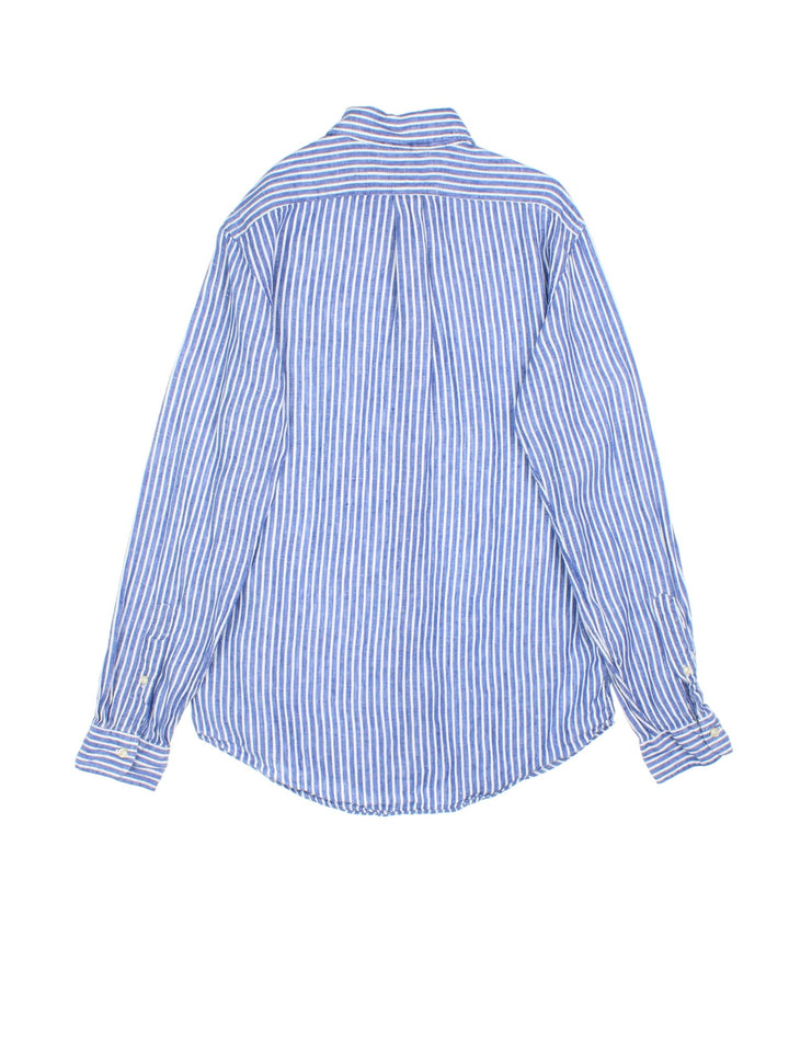 Vintage Ralph Lauren linen striped shirt in a blue and white colourway with the logo embroidered on the front.