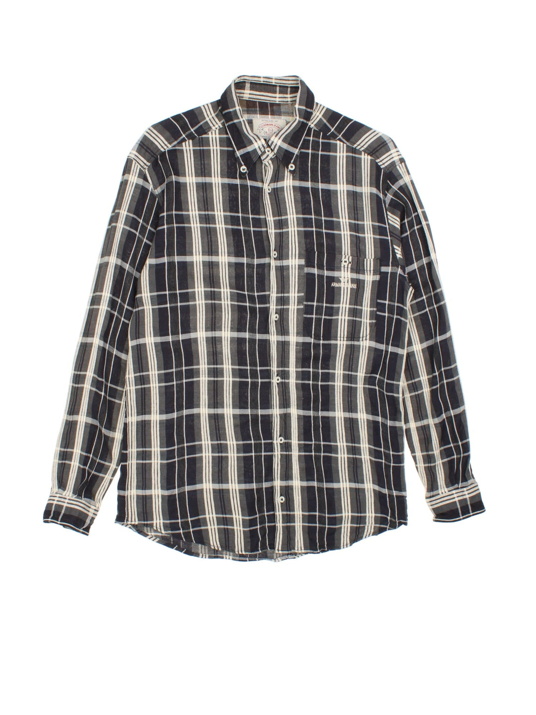 Vintage Armani checked shirt in a black and white colourway with the logo embroidered on the front patch pocket.