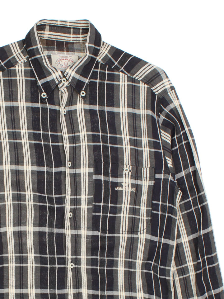 Vintage Armani checked shirt in a black and white colourway with the logo embroidered on the front patch pocket.