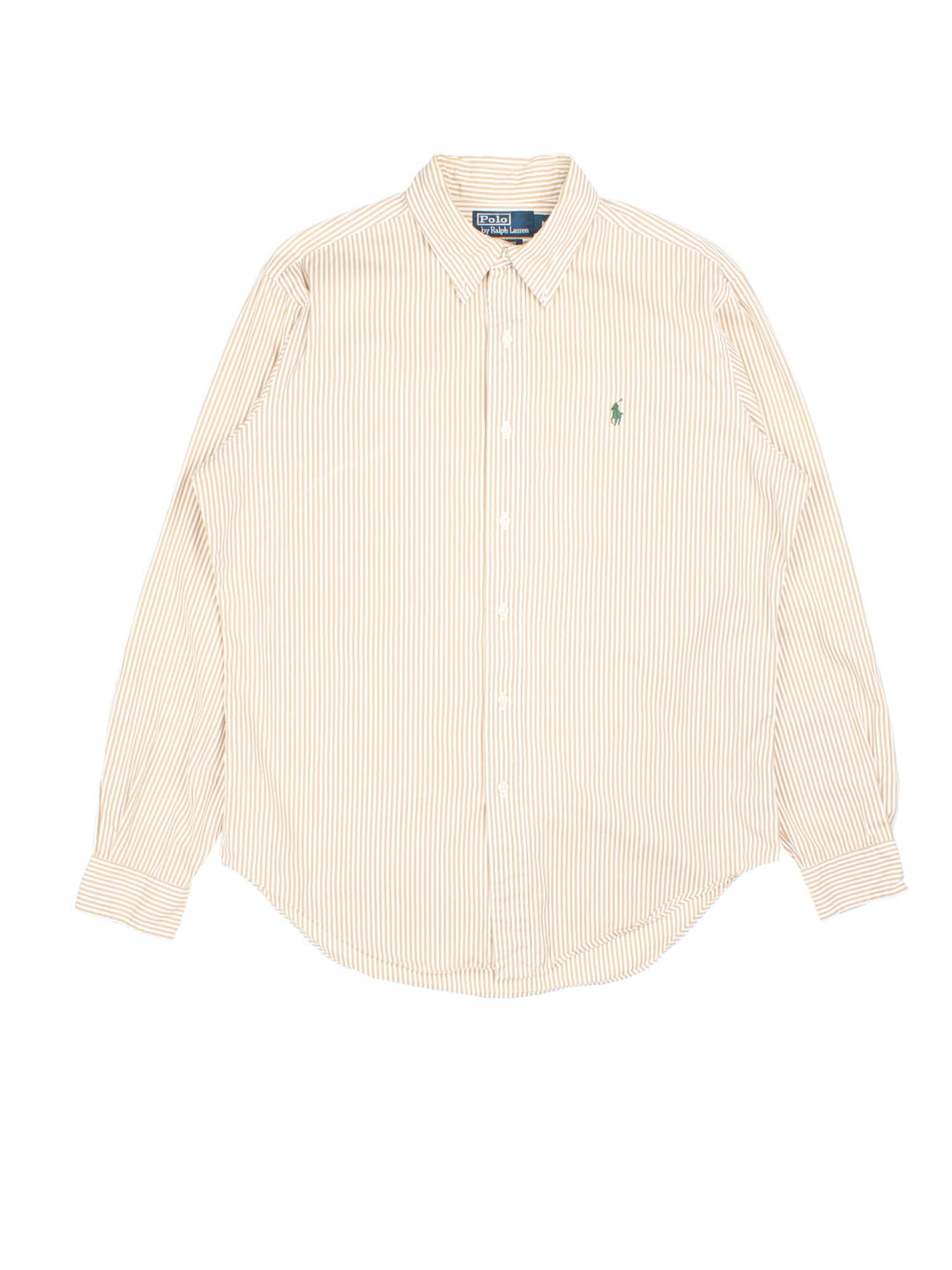 Vintage Ralph Lauren striped shirt in a tan and white colourway with the logo embroidered on the front.