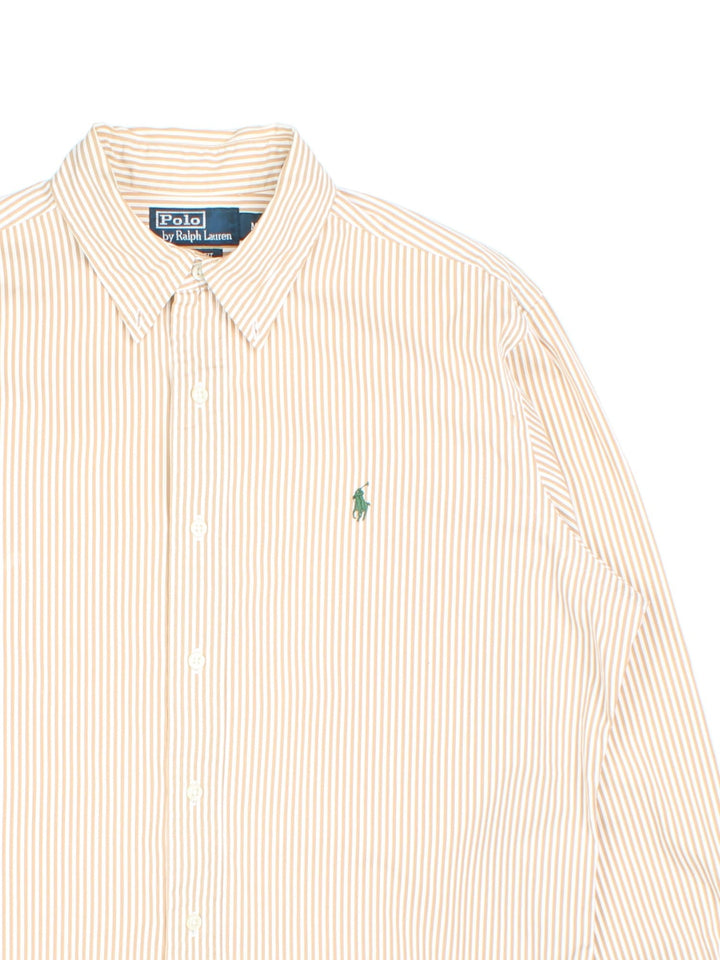 Vintage Ralph Lauren striped shirt in a tan and white colourway with the logo embroidered on the front.