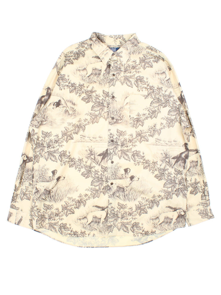 Vintage Ralph Lauren floral shirt in a tan colourway with a floral motif printed throughout and a patch pocket on the front.