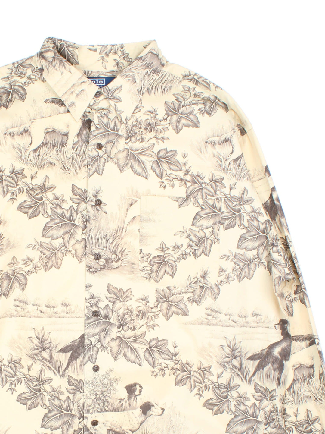 Vintage Ralph Lauren floral shirt in a tan colourway with a floral motif printed throughout and a patch pocket on the front.