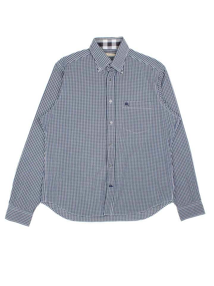 Burberry Checked Shirt in a blue colourway, button up with the logo embroidered on the front pocket.