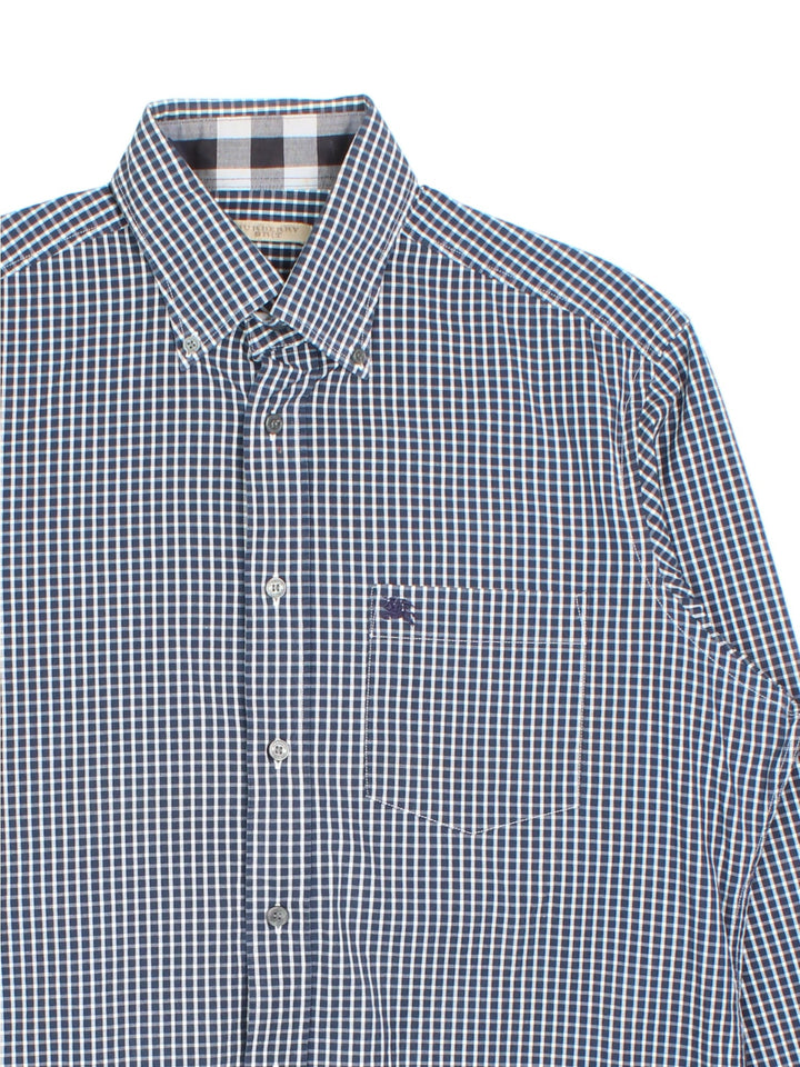 Burberry Checked Shirt in a blue colourway, button up with the logo embroidered on the front pocket.