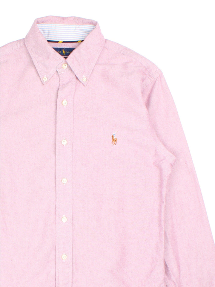 Ralph Lauren Shirt in a pink colourway, button up with the logo embroidered on the front.