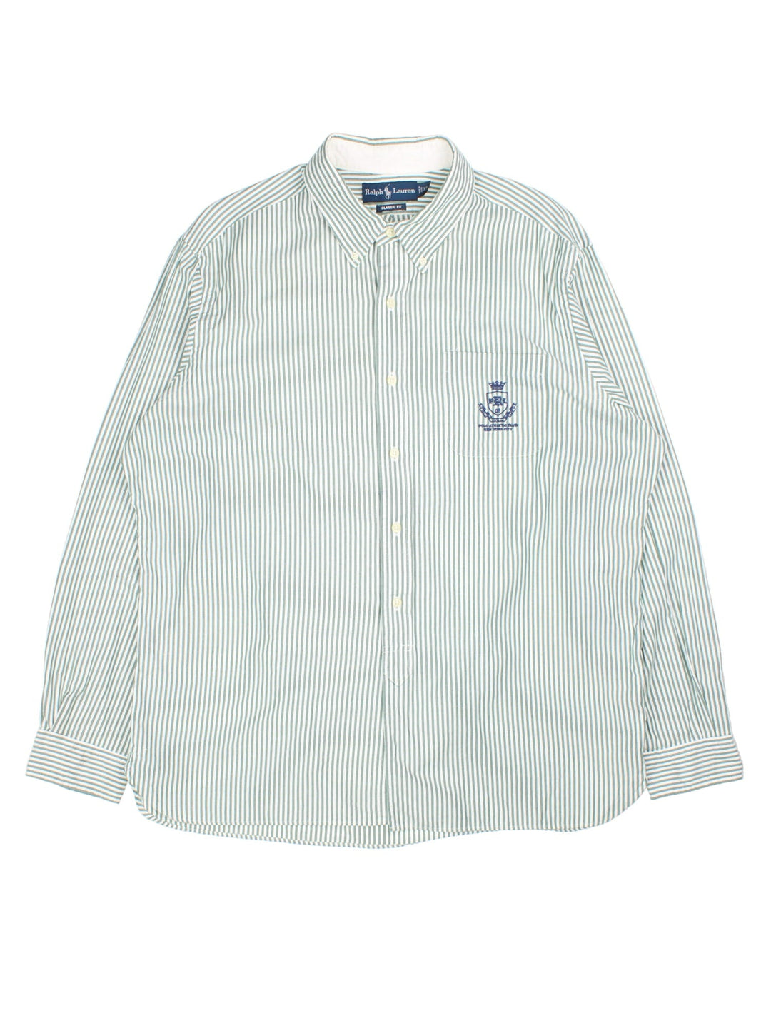 Ralph Lauren Shirt in a green/white stripe colourway, button up with the logo embroidered on the front.