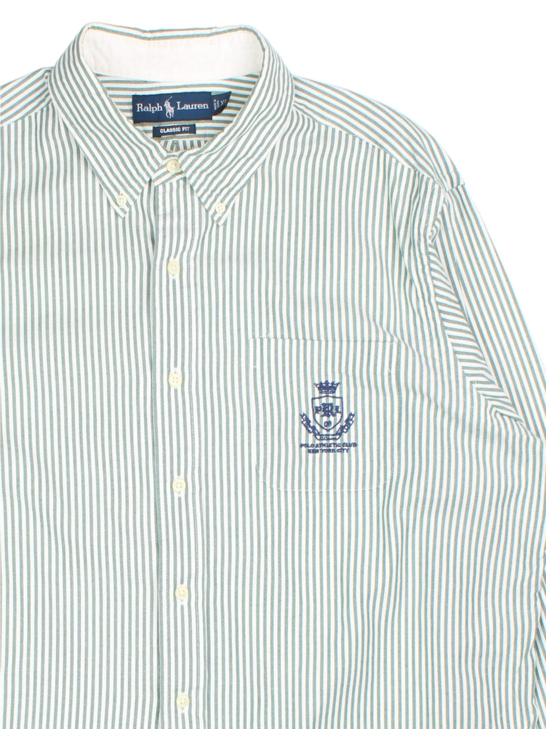 Ralph Lauren Shirt in a green/white stripe colourway, button up with the logo embroidered on the front.