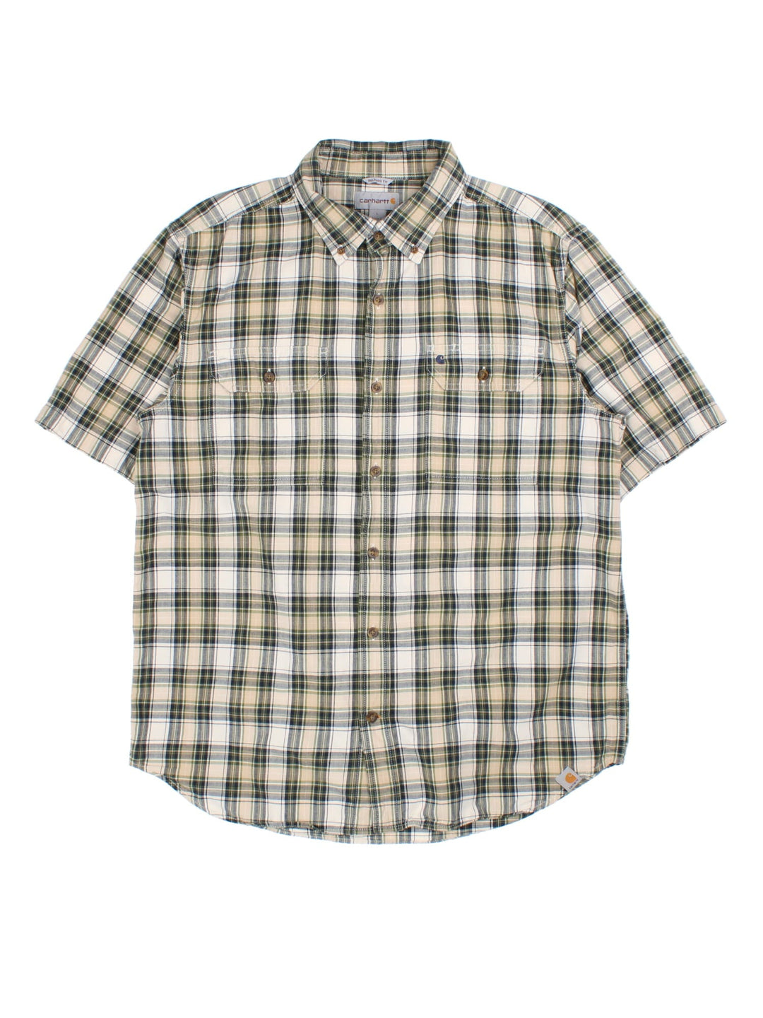 Carhartt Shirt in a green/beige checked colourway, button up with the logo embroidered on the front left pocket.