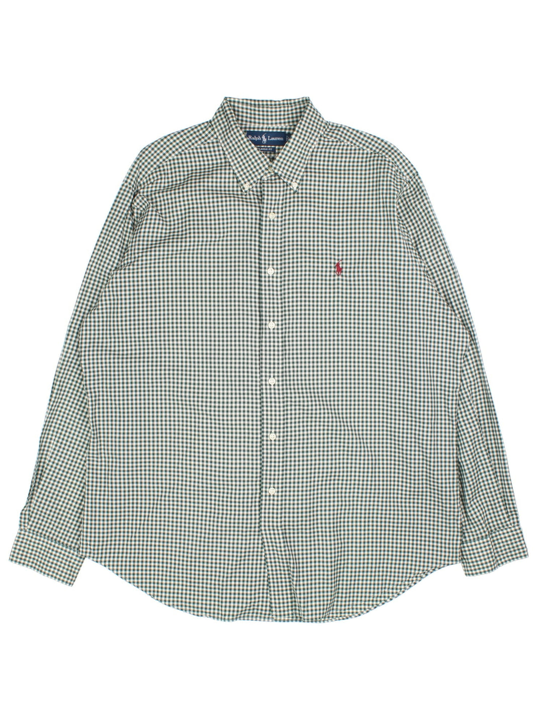 Ralph Lauren Shirt in a green/white gingham colourway, button up with the logo embroidered on the front.