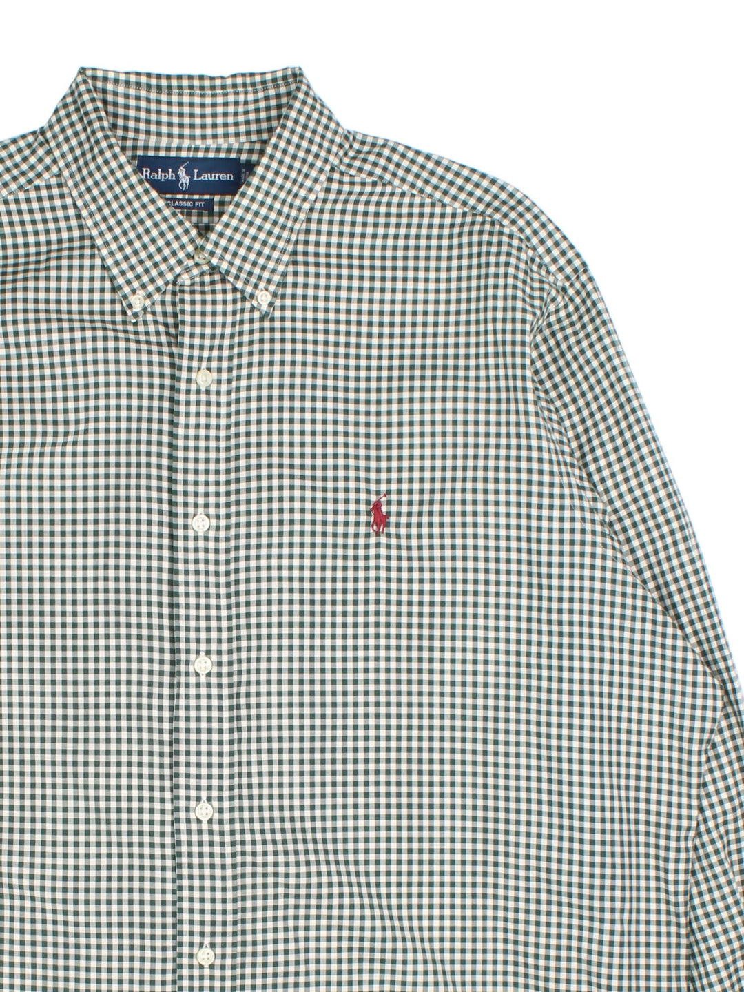 Ralph Lauren Shirt in a green/white gingham colourway, button up with the logo embroidered on the front.