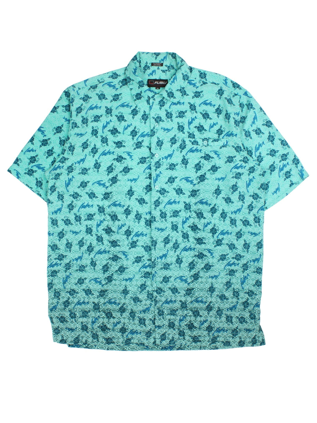 FUBU Shirt in a green/blue colourway, button up with all over logo and floral print.