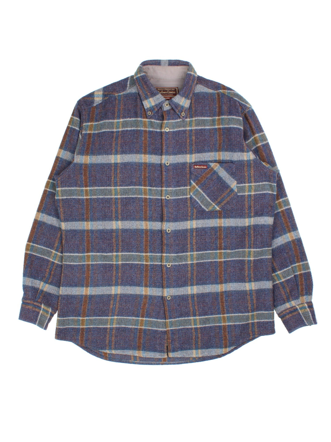 Marlboro Classics Shirt in a blue/brown plaid colourway, button up with the logo patch embroidered on the front left.