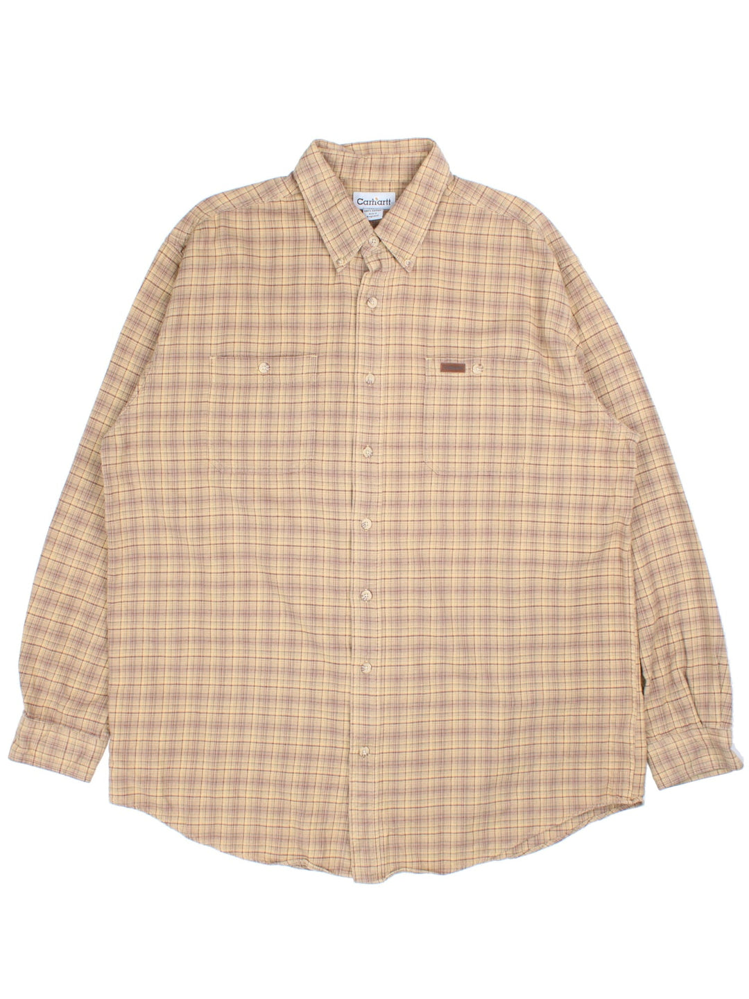 Carhartt Shirt in a brown multi checked colourway, button up with the leather logo patch on front pocket.