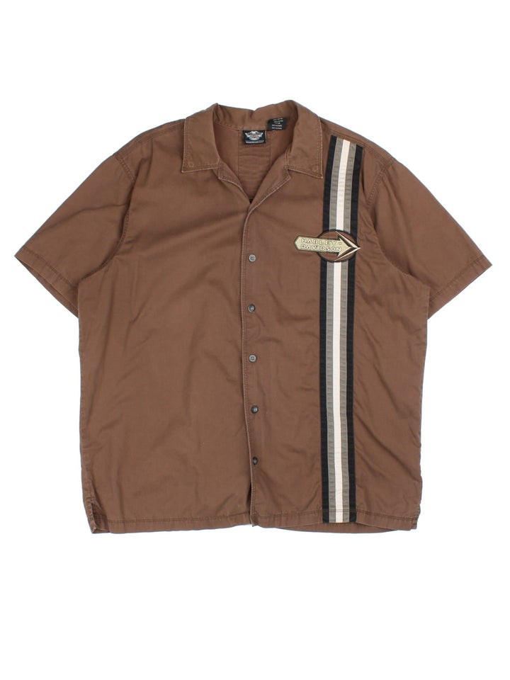 Harley-Davidson Shirt in a brown colourway, button up with contrast piping and branding on front and back.