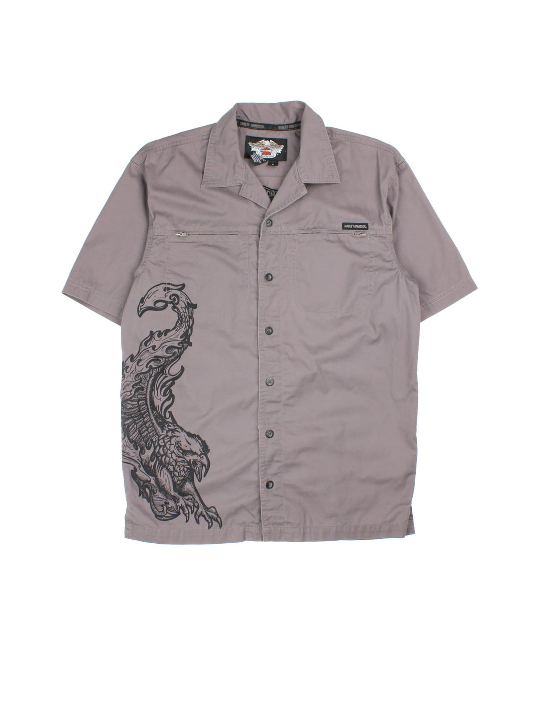 Harley-Davidson Screaming Eagle Shirt in a grey colourway, button up with double chest pockets, screaming eagle printed down the right side, and has the logo embroidered on the front and back.