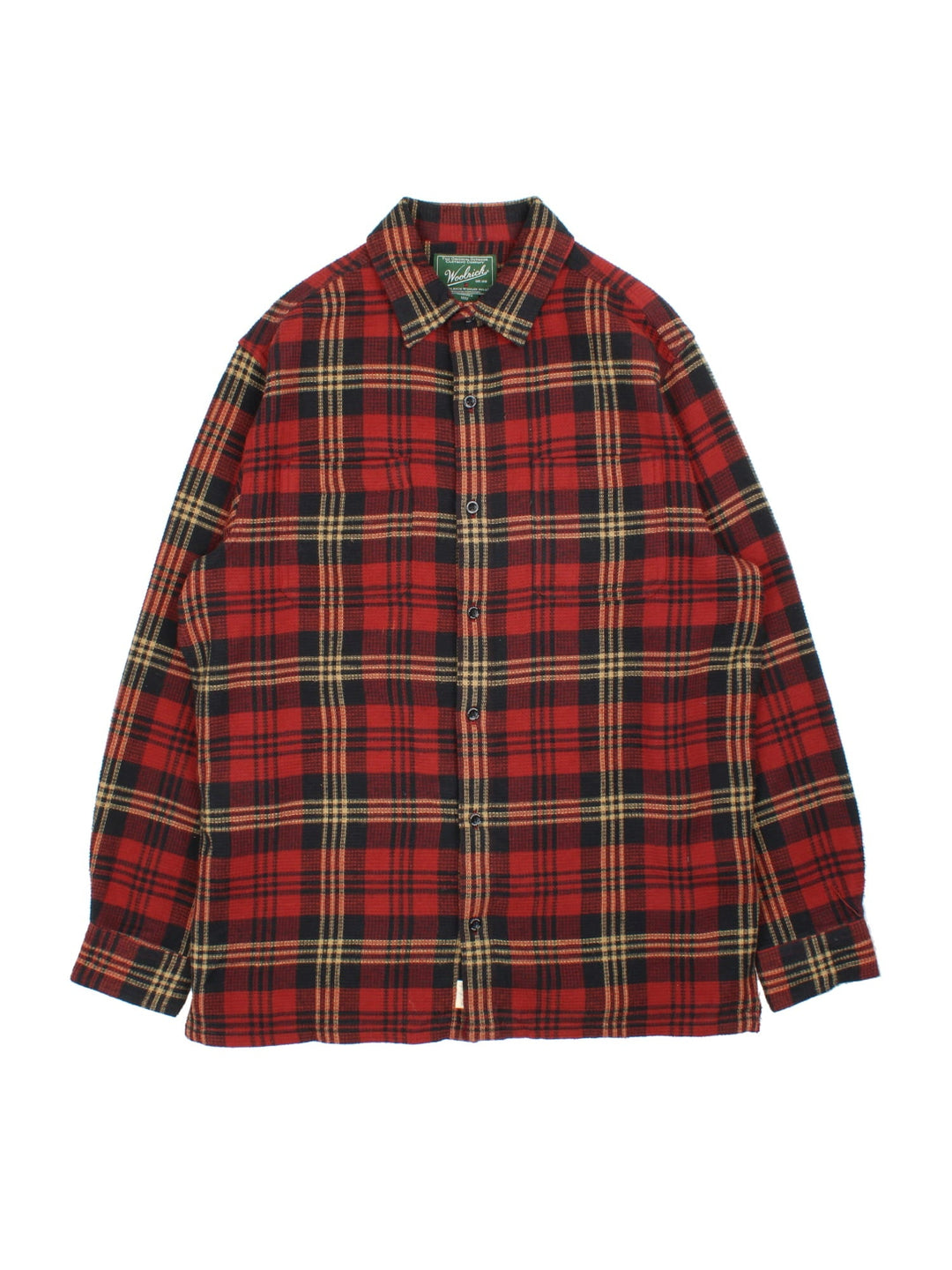 Woolrich Flannel Shirt in a red colourway with checked pattern and waffle texture. Classic button up with front pocket.