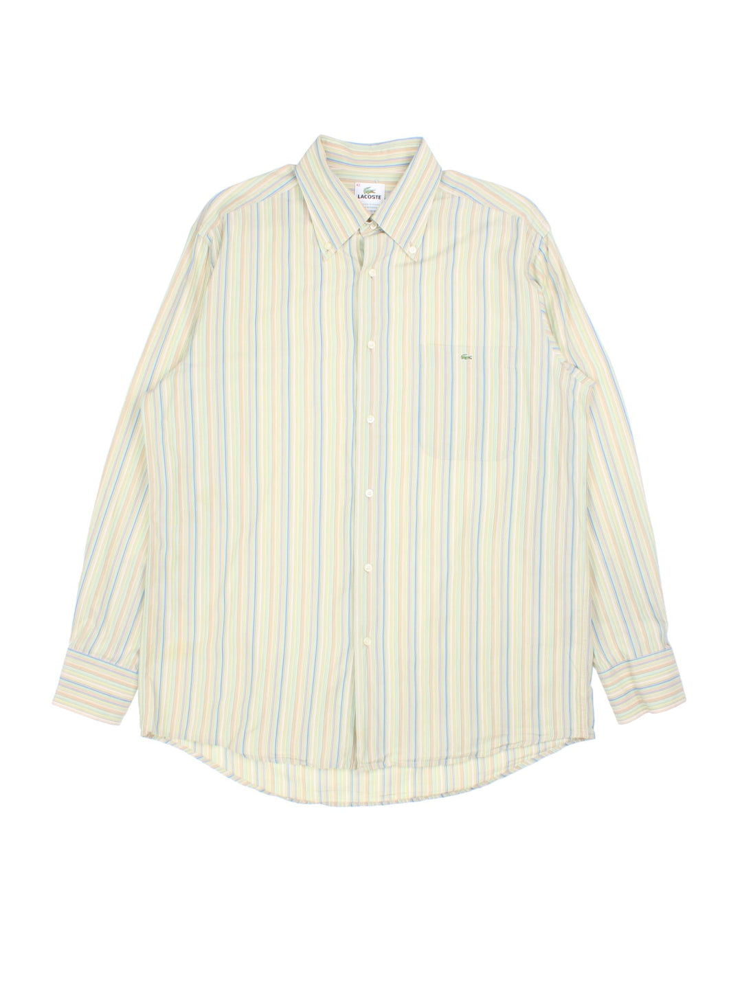 Lacoste Shirt in a green colourway with striped patttern. Classic button up and front pocket.