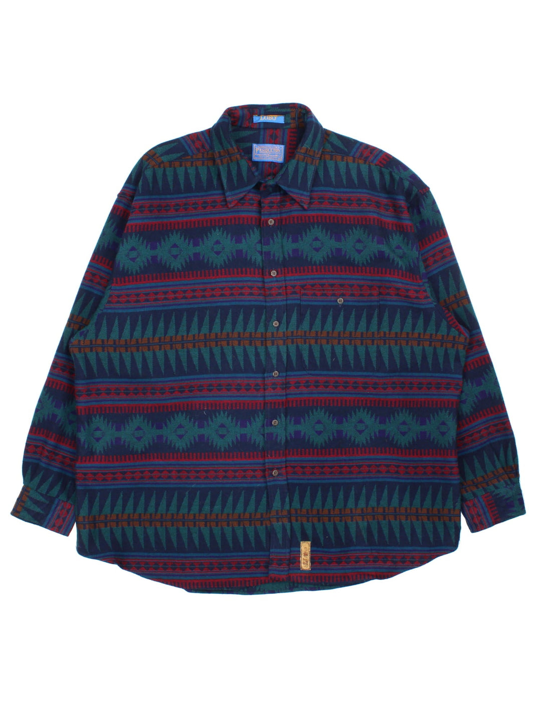 Pendleton Shirt in a blue colourway with aztec style pattern. Classic button up with front pocket.