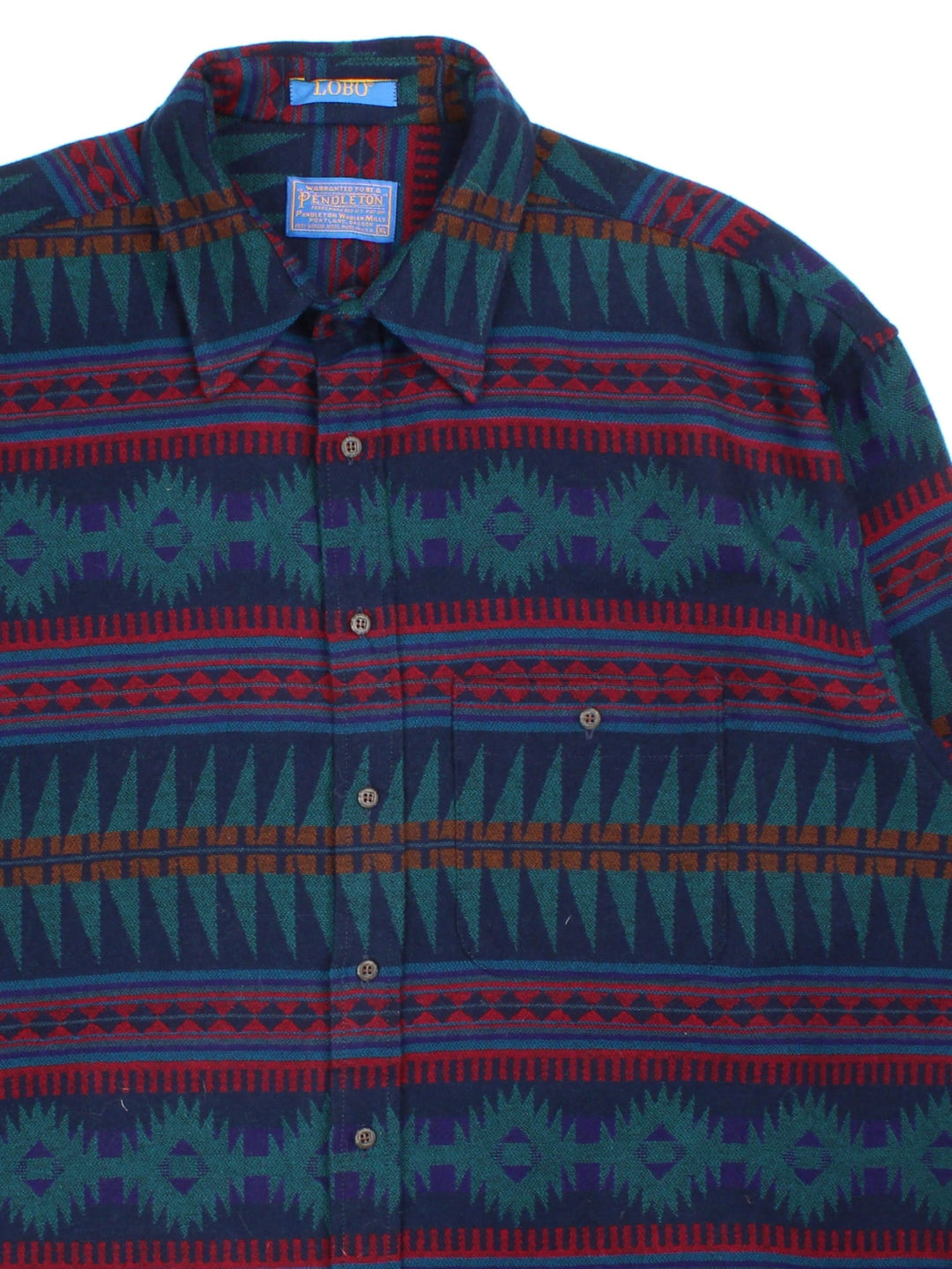 Pendleton Shirt in a blue colourway with aztec style pattern. Classic button up with front pocket.