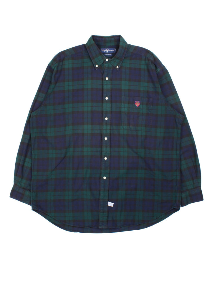 Ralph Lauren Shirt in a blue colourway with green checked pattern. button up and pocket on the front with classic polo logo.