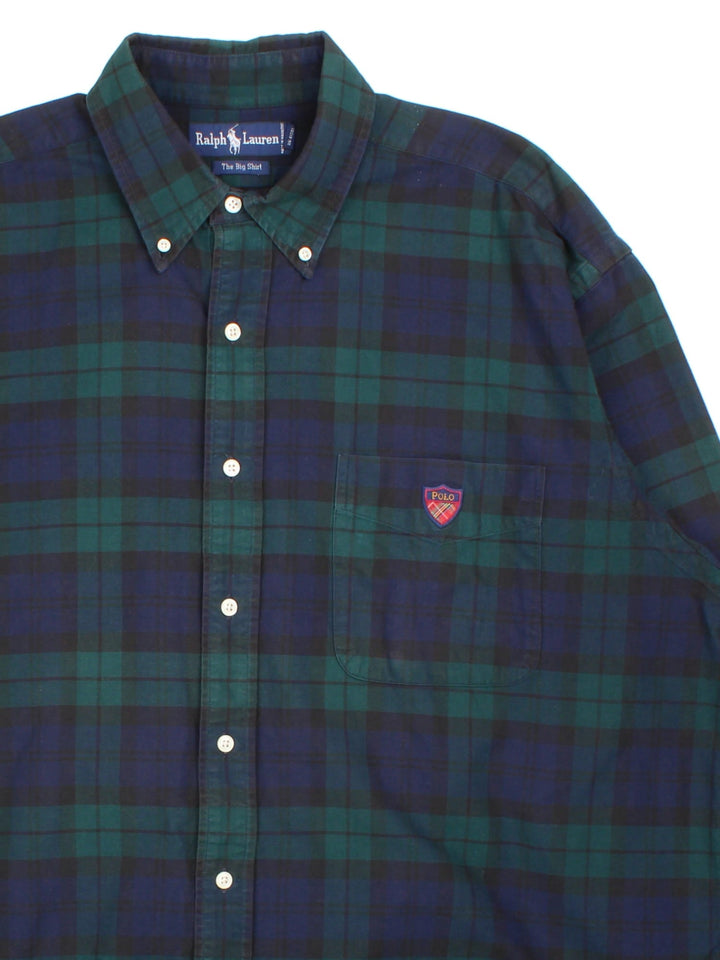 Ralph Lauren Shirt in a blue colourway with green checked pattern. button up and pocket on the front with classic polo logo.