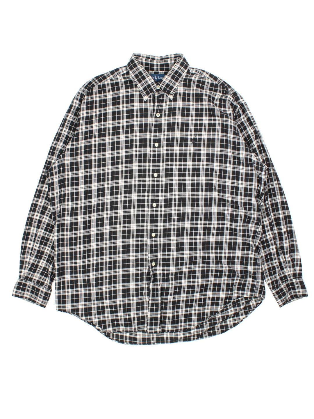 Ralph Lauren Shirt in a black colourway with white and grey checked pattern. Button up with classic logo on the front.